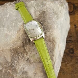 Vintage Watches Green Crystal Bezel Lime Strap Tonneau Quartz Japan Movement